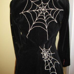 OOAK VINTAGE BLACK TUXEDO VELVET JACKET W WHITE BEAD SPIDERWEBS Size SMALL